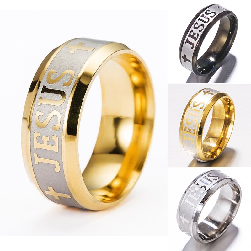 Jesus Letter Ring Men Titanium Stainless Steel Gold Black Silver Color Cross Rings For Women Mens Cross Couple Jewelry Gift Jewelry & Watches