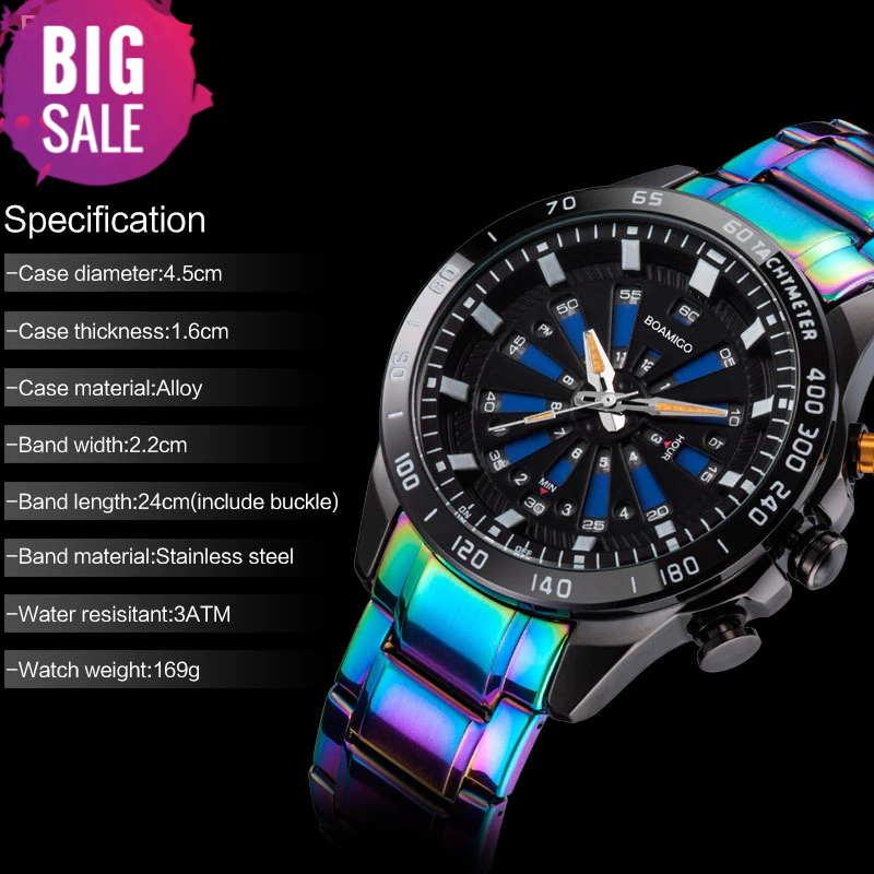 BOAMIGO top luxury brand Men Sports Watches Fashion digital Quartz Watch Stainless Steel Wristwatch waterproof Relogio Masculino Best Selling Product cb5feb1b7314637725a2e7: Colorful|colorful box|Silver|Silver black|silver black box|silver box