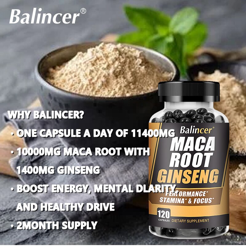 Maca Root Capsules (with Black Maca) + Red Ginseng Extract for Reproductive Health and Boost Energy, Erection, Vitality