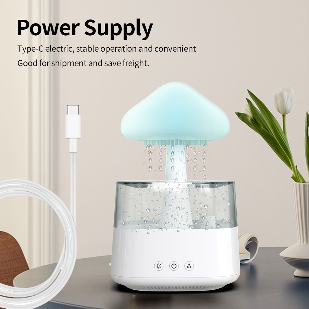 Mushroom Rain Air Humidifier Electric Aroma Diffuser Rain Cloud Smell Distributor Relax Water Drops Sounds Colorful Night Lights