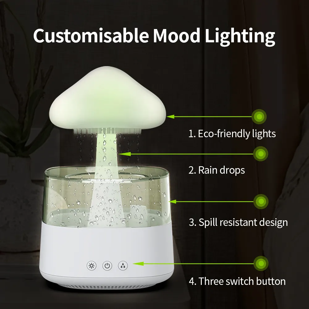 Mushroom Rain Air Humidifier Electric Aroma Diffuser Rain Cloud Smell Distributor Relax Water Drops Sounds Colorful Night Lights