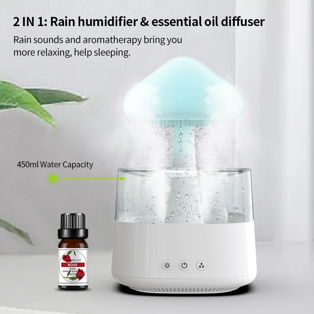 Mushroom Rain Air Humidifier Electric Aroma Diffuser Rain Cloud Smell Distributor Relax Water Drops Sounds Colorful Night Lights